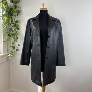 Vintage 90s Winlit Black Leather Coat | Mid Length Trench Matrix Car Coat, M